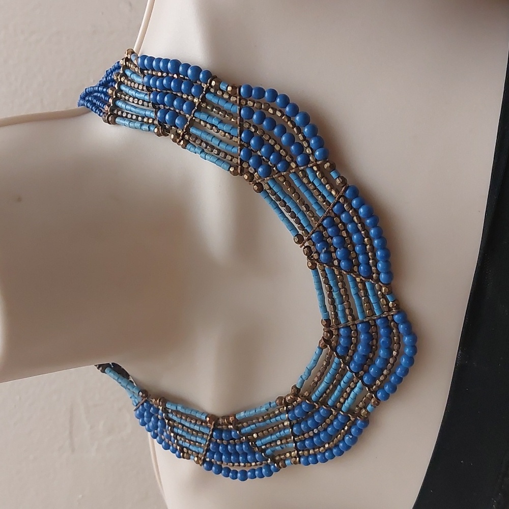 Boho Tribal Tri Tone Blue Gold Tone Seed Bead Statement Necklace - Picture 2 of 5